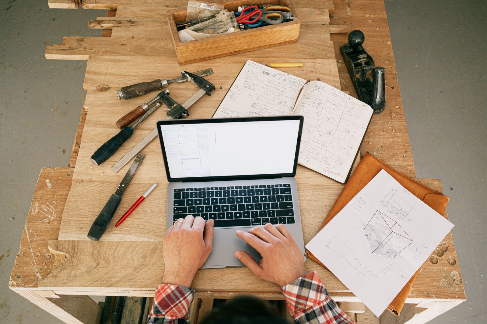 Plans and tools on a work desk
